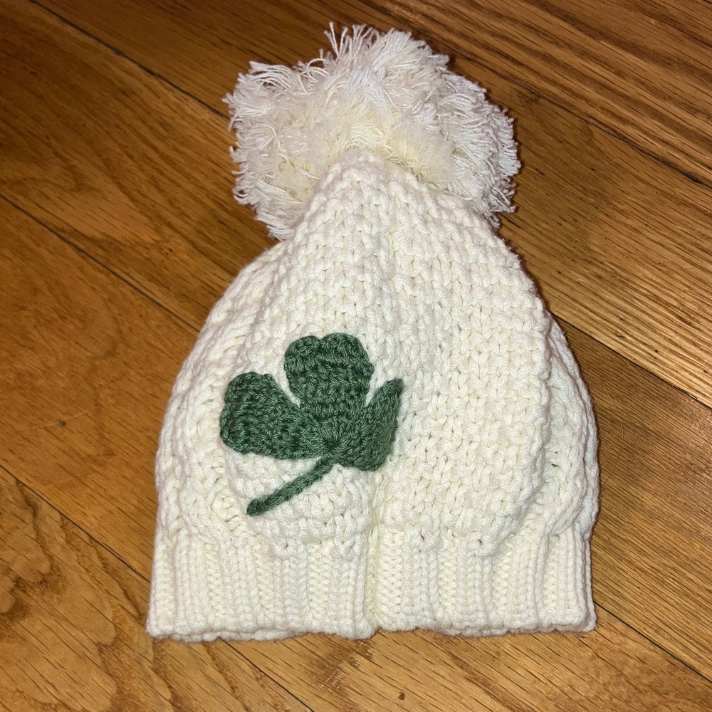 PATRICK FRANCIS IRELAND CREAM CHILDS CHUNKY KNIT COTTON BLEND BEANIE CAP W POM